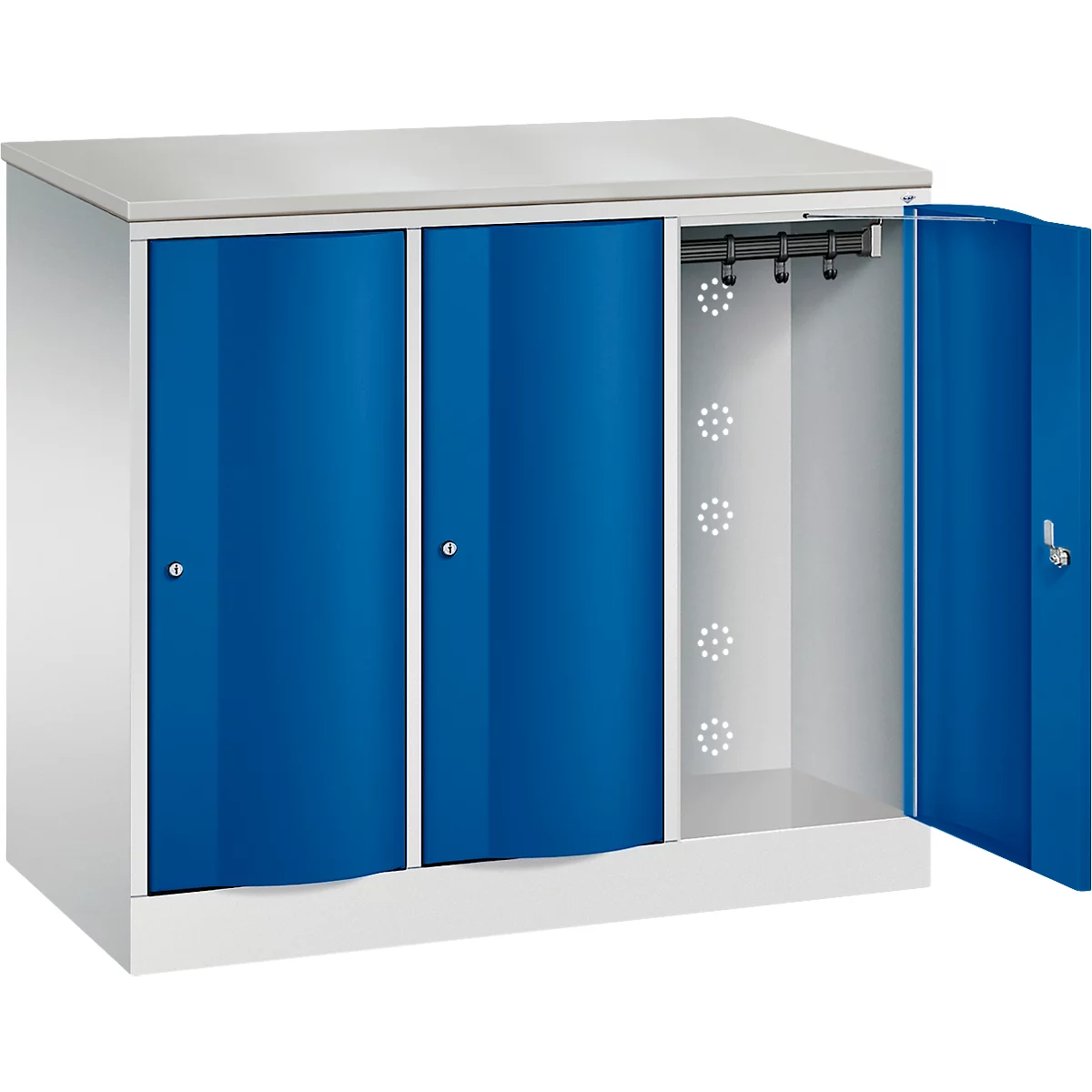 C+P Garderobekast Resisto, 3 vakken, 3 legplanken, B 1148 x D 540 x H 1077 mm, lichtgrijs/gentiaanblauw