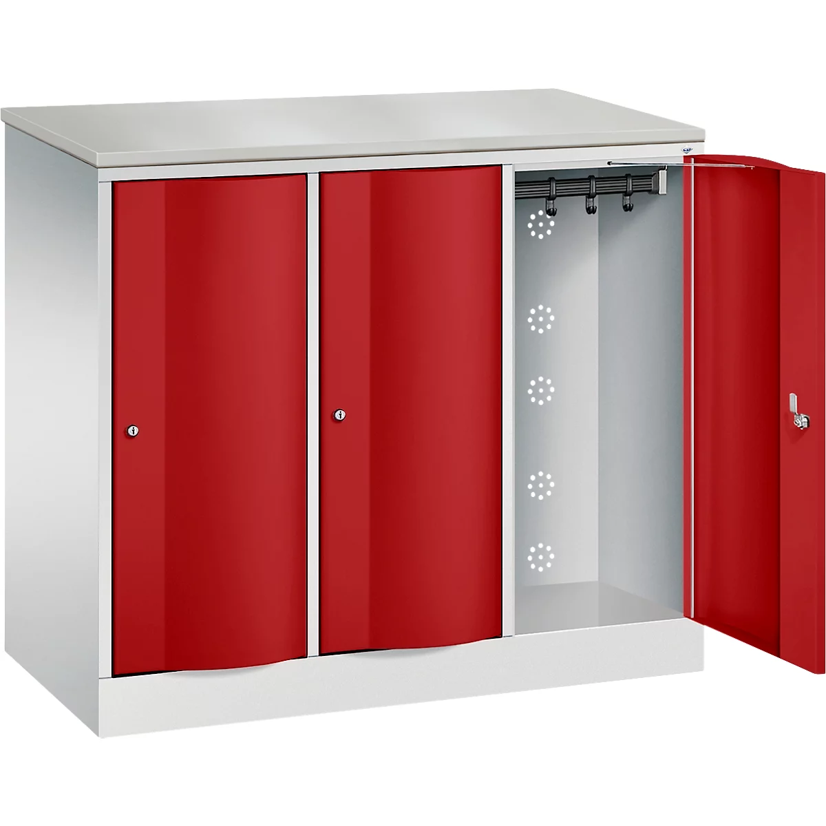 C+P Garderobekast Resisto, 3 vakken, 3 legplanken, B 1148 x D 540 x H 1077 mm, lichtgrijs/ruwe rood