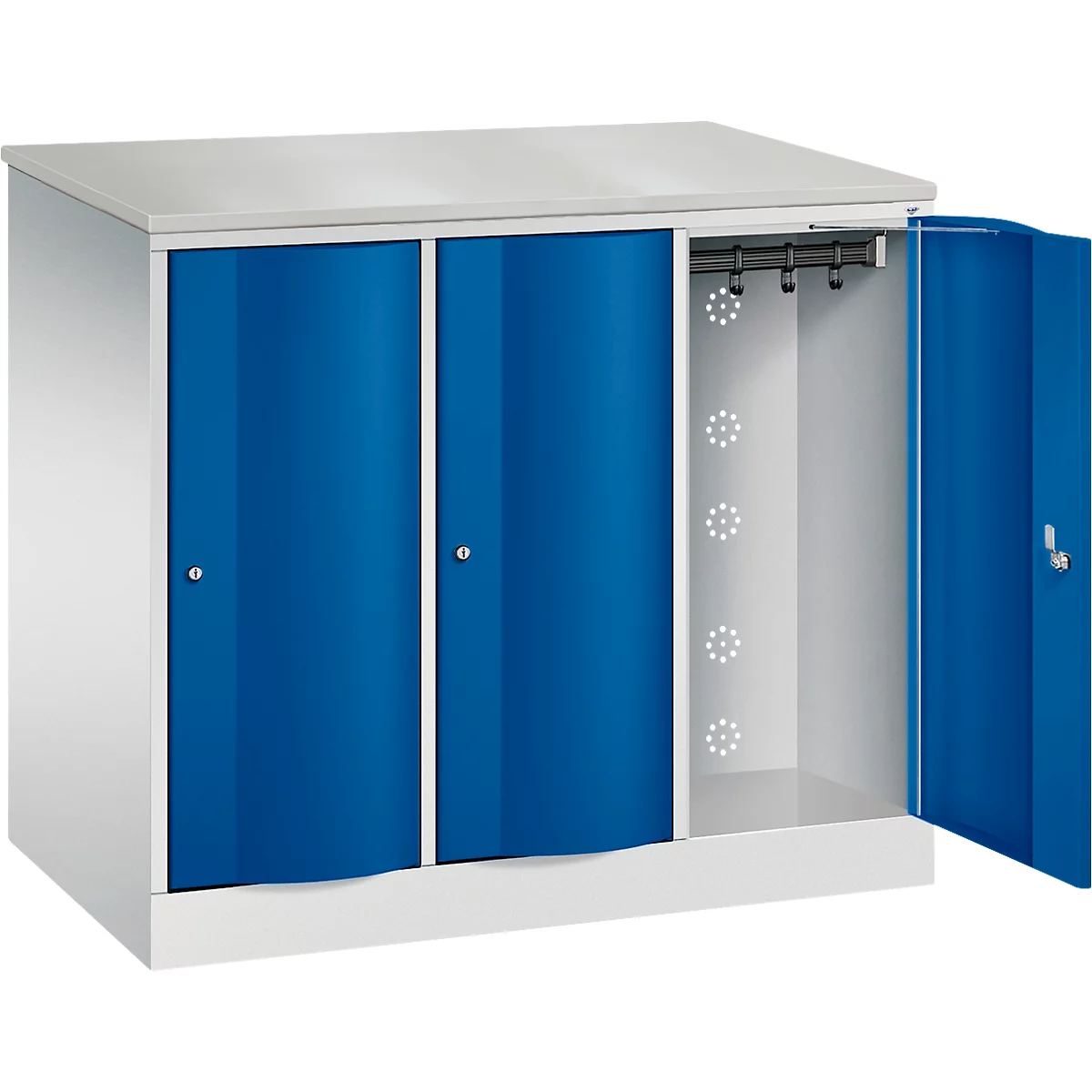 C+P Garderobekast Resisto, 3 vakken, 3 legplanken, B 1148 x D 640 x H 1077 mm, lichtgrijs/gentiaanblauw