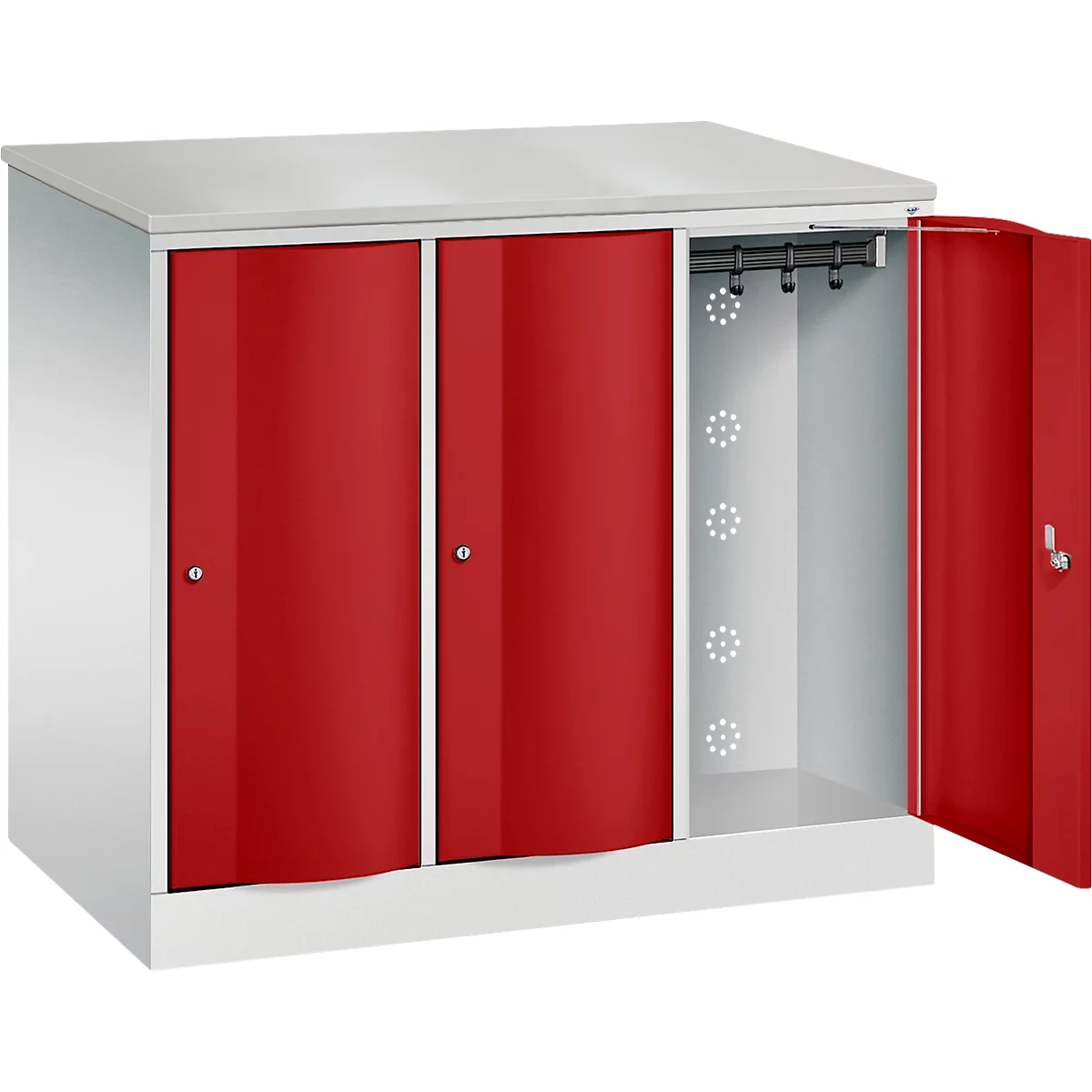 C+P Garderobekast Resisto, 3 vakken, 3 legplanken, B 1148 x D 640 x H 1077 mm, lichtgrijs/ruwe rood