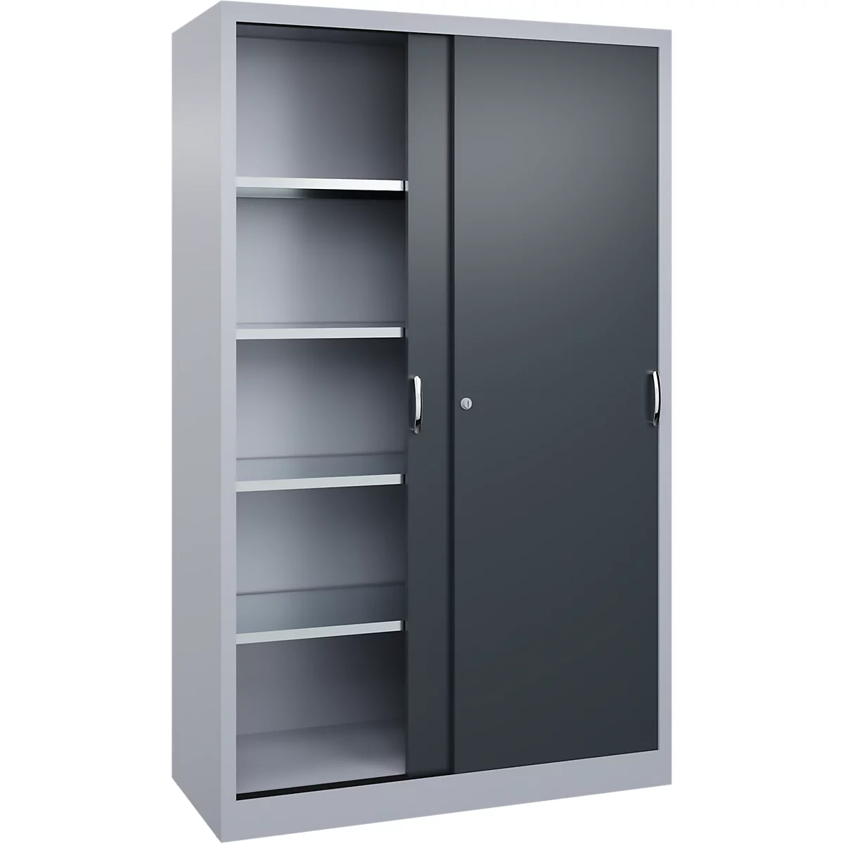 Grijze metalen kast met schuifdeuren, één kant open met zichtbare planken op een neutrale achtergrond.