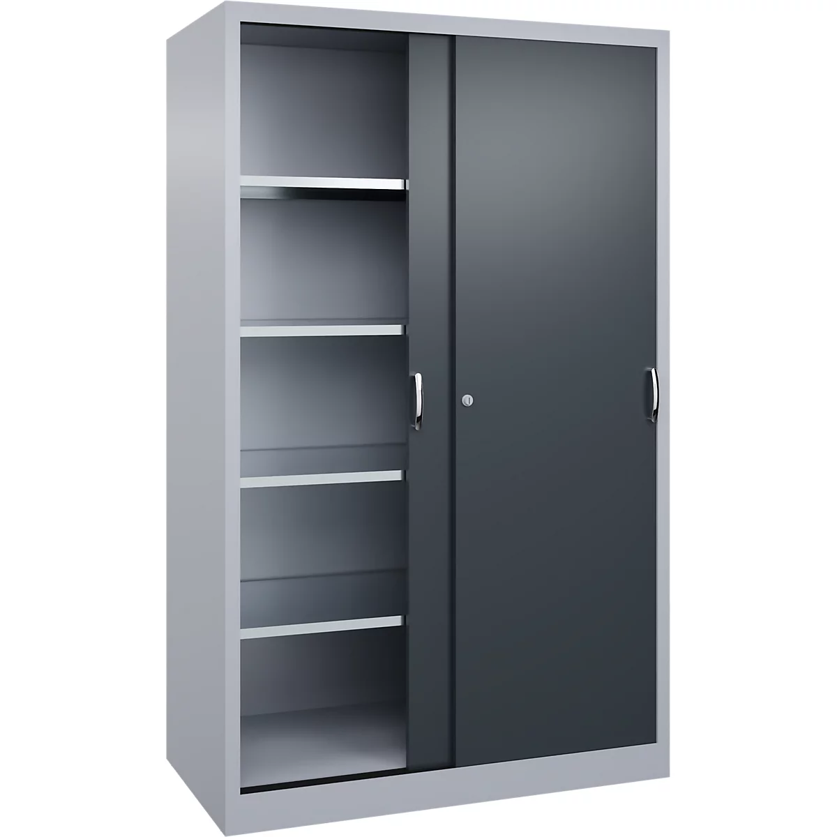 Grijze metalen kast met schuifdeuren en vier zichtbare planken tegen een witte achtergrond.