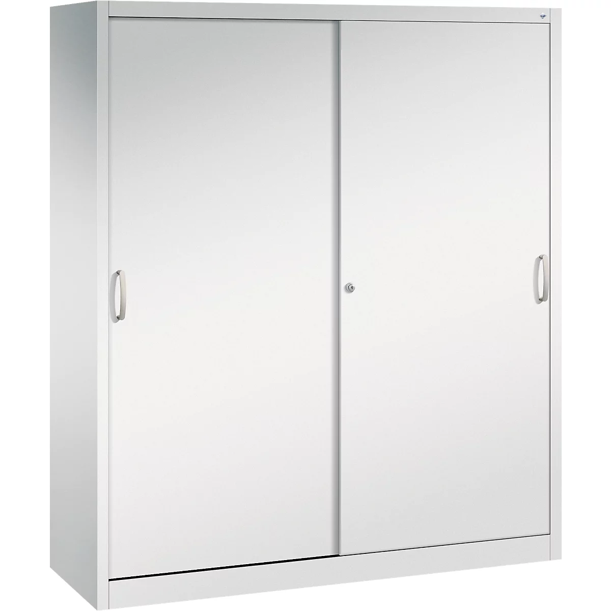 Een witte metalen kast met twee schuifdeuren tegen een neutrale achtergrond.