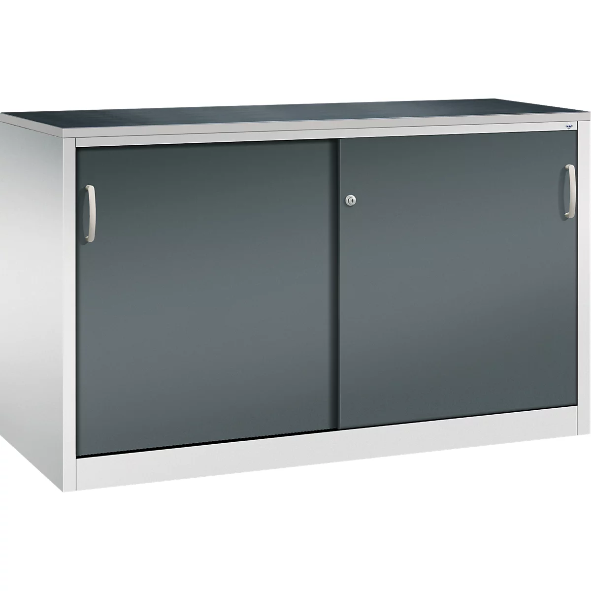 Lage archiefkast met een lichtgrijze behuizing en twee donkergrijze schuifdeuren met een geïntegreerd slot.