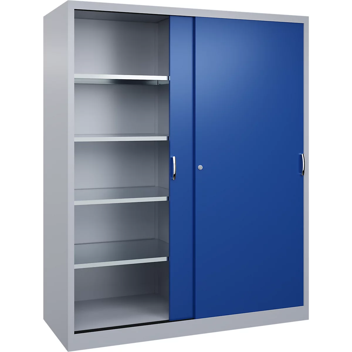 Grijze metalen kast met blauwe schuifdeur, die aan één kant open vakken toont.