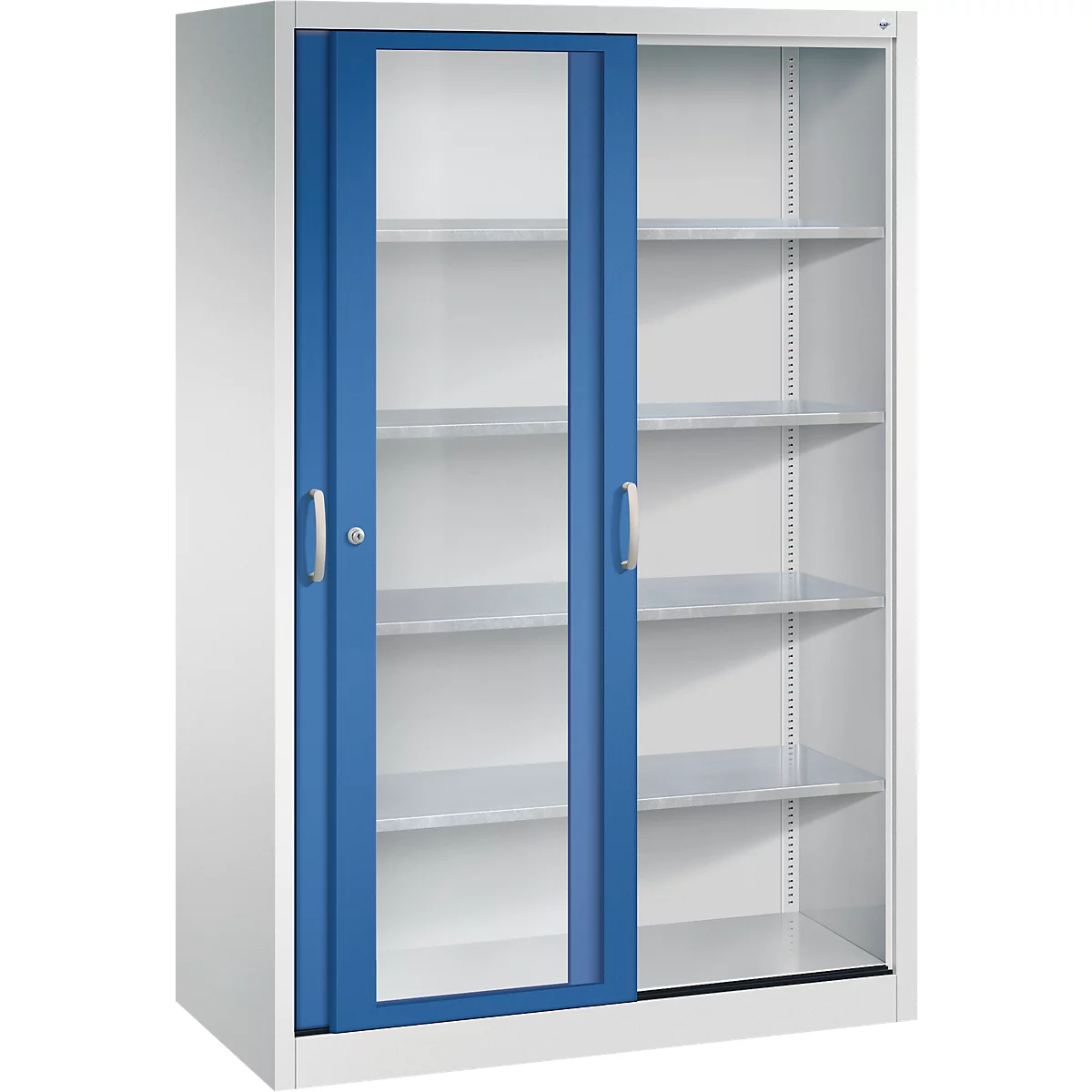 Kantoorkast van staal met witte omlijsting en blauwe schuifdeur met glazen inzet.