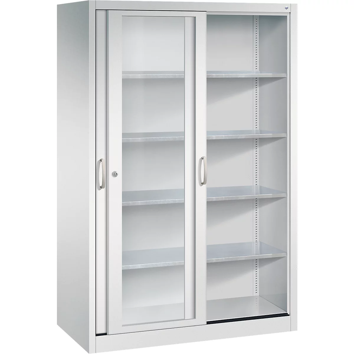 Een grijze metalen kast met glazen schuifdeuren en meerdere planken, op een neutrale achtergrond.