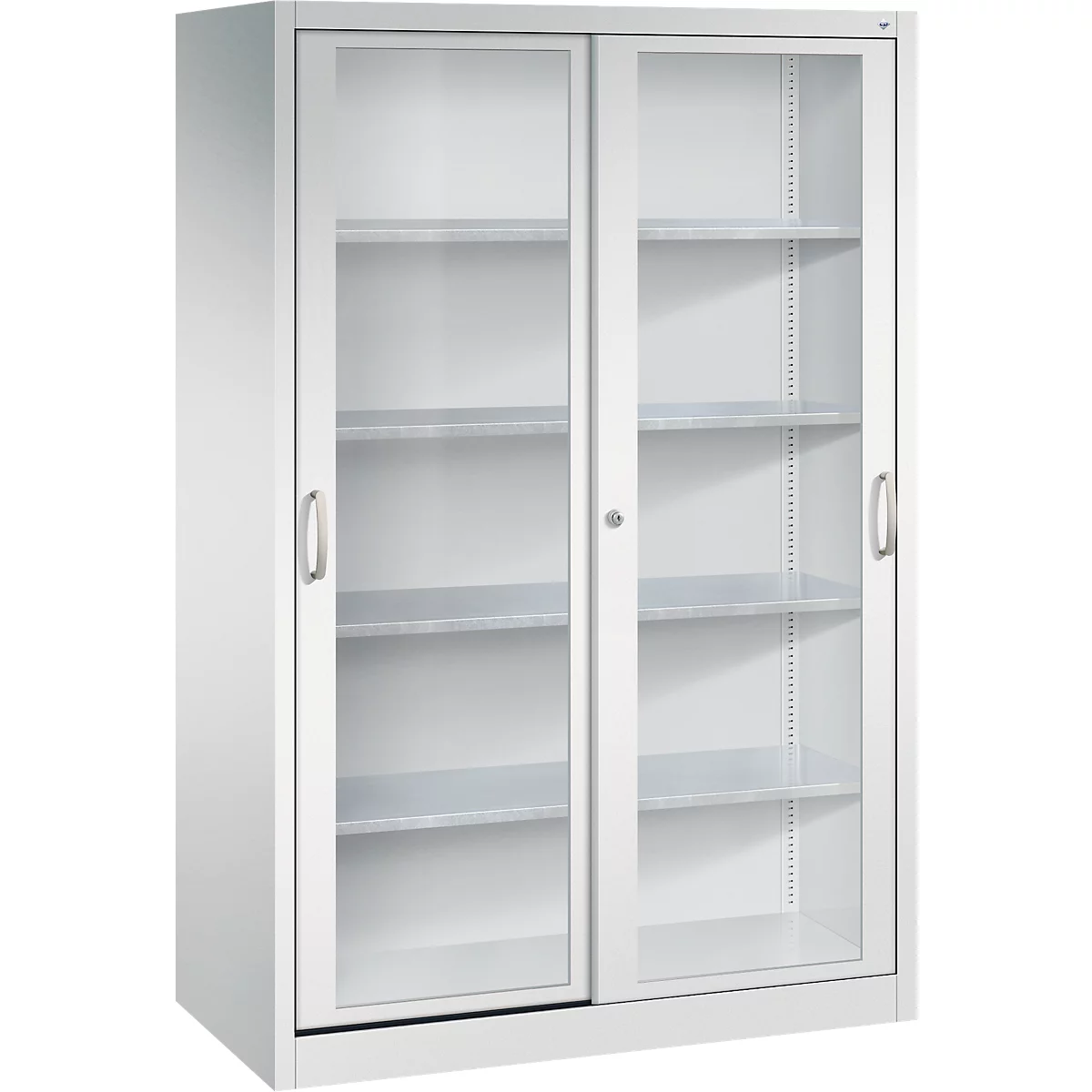 Grijze metalen kast met twee glazen schuifdeuren en vier legplanken op een witte achtergrond.