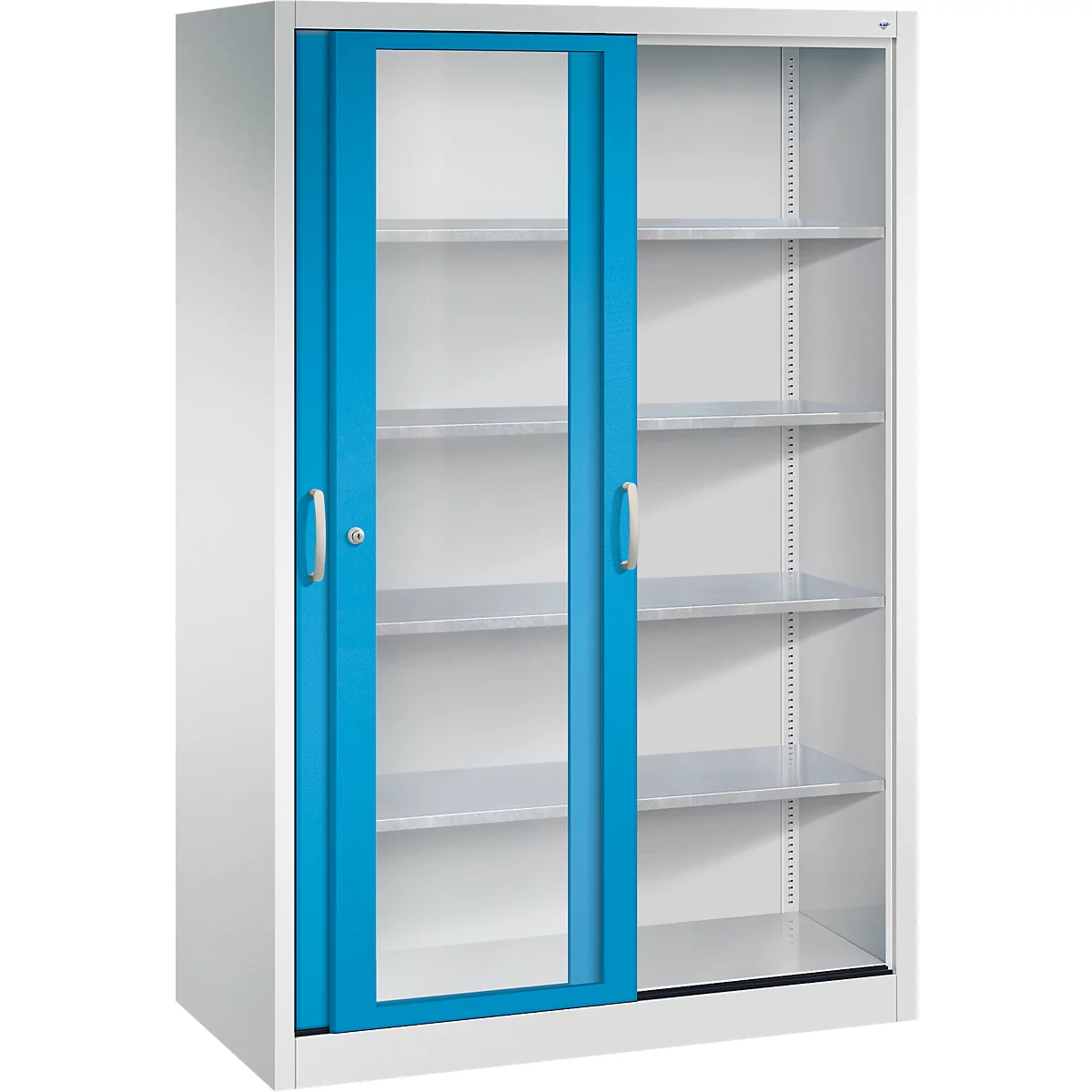 Grijze metalen kast met een blauwe schuifdeur die een deel van de planken laat zien.