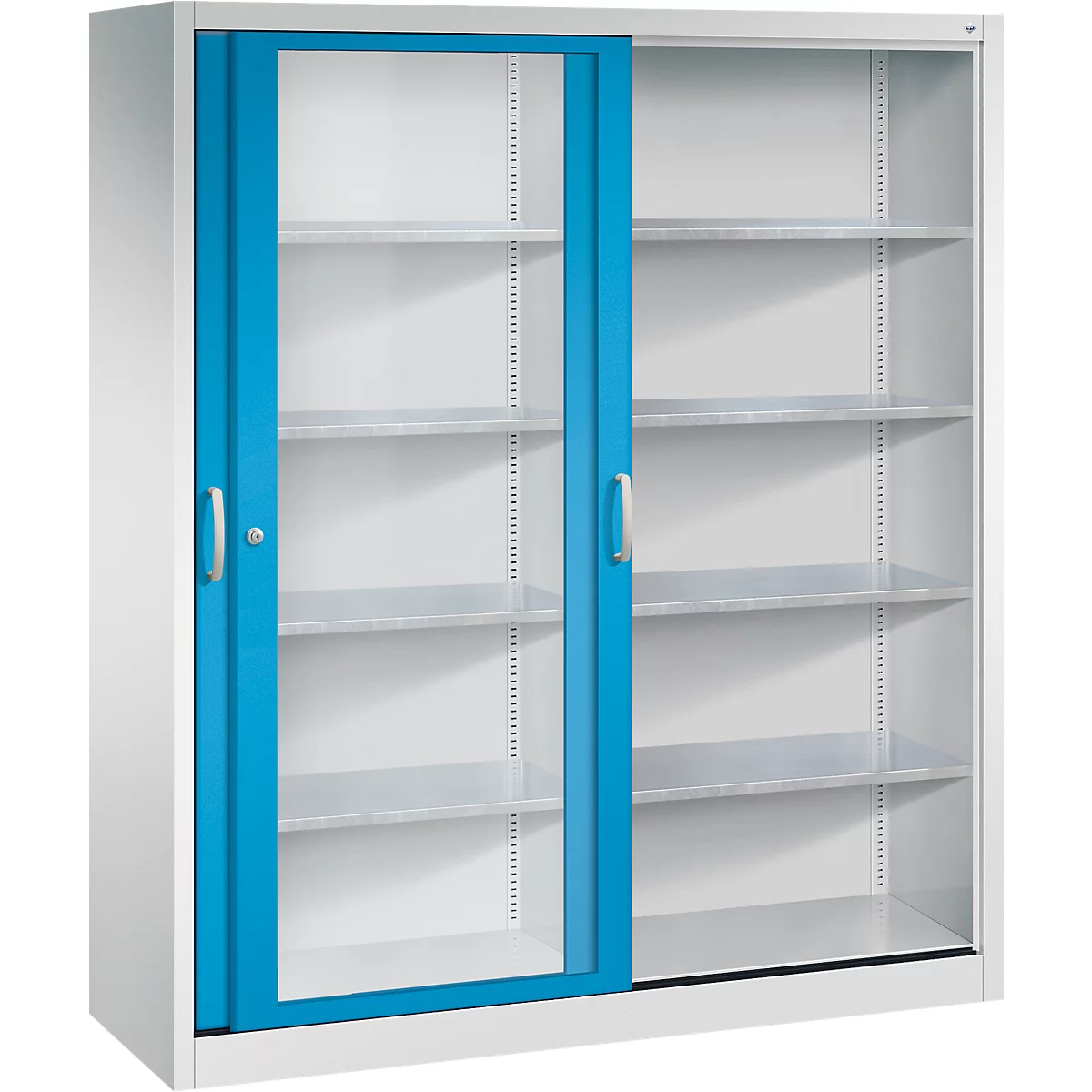 Witte kantoorkast met schuifdeuren, één blauwe glazen deur en vier legborden.