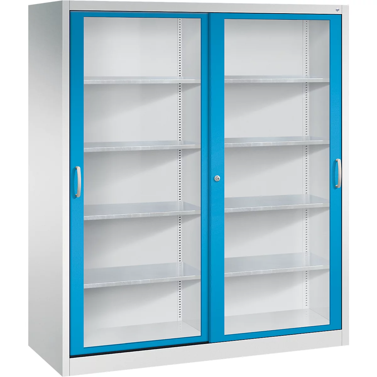 Grijze metalen kast met twee blauwe glazen schuifdeuren en vier planken tegen een witte achtergrond.