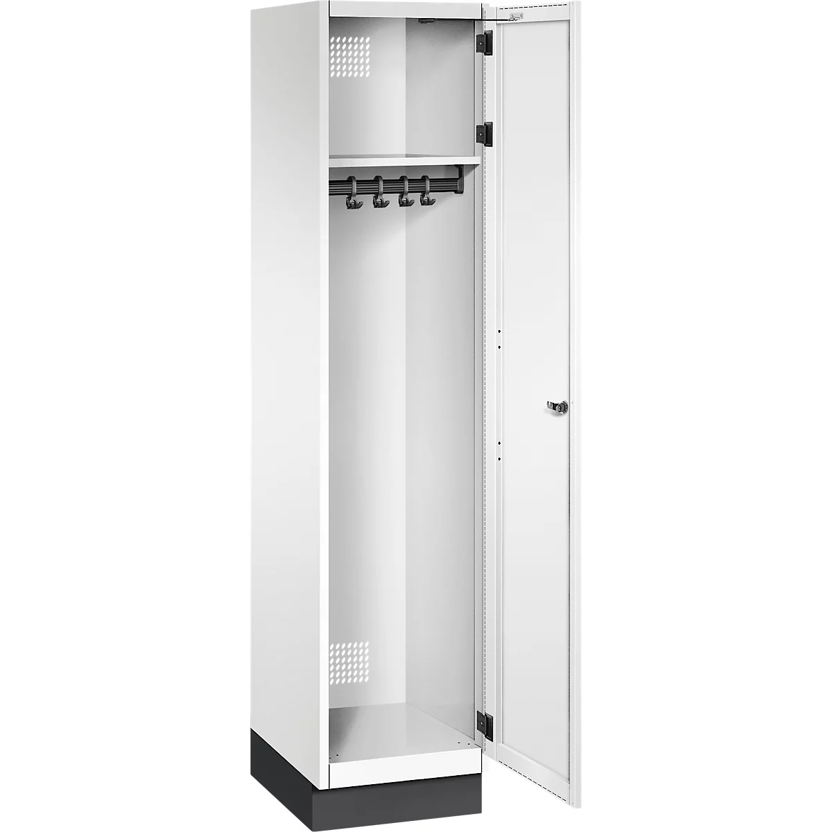 Witte kast met open deur. Binnenkant met haken en plank.