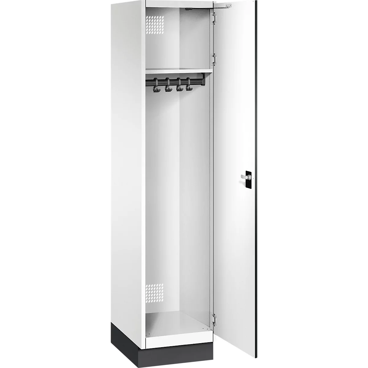 Witte kast met open deur. Binnenkant met stang en haken. Grijze voet. Ventilatiegaten.
