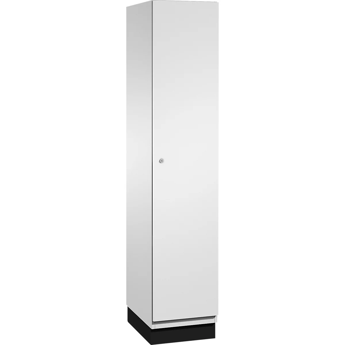 Witte kast met donkere voet, enkele deur met kleine handgreep.