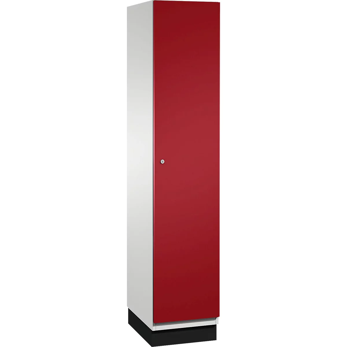 Kast met witte zijkant en rode deur. De kast staat op een zwarte sokkel. Een knop op de deur.