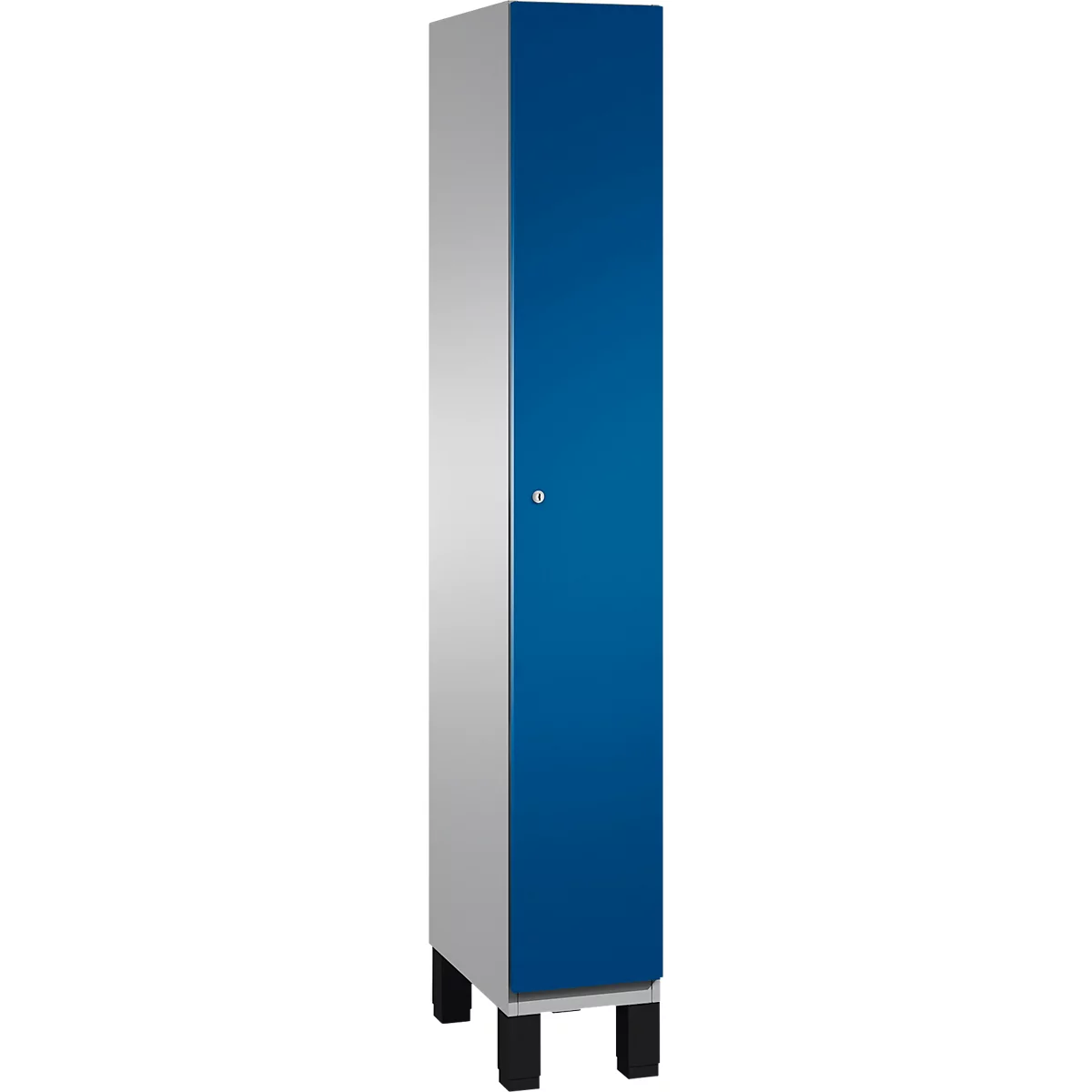 Blauwe en witte kast op zwarte poten met handvat.