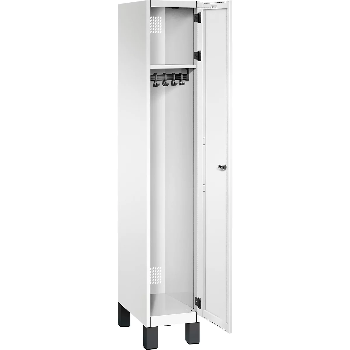 Witte locker met open deur. Binnenin met een haakjesrail en ventilatiesleuven.