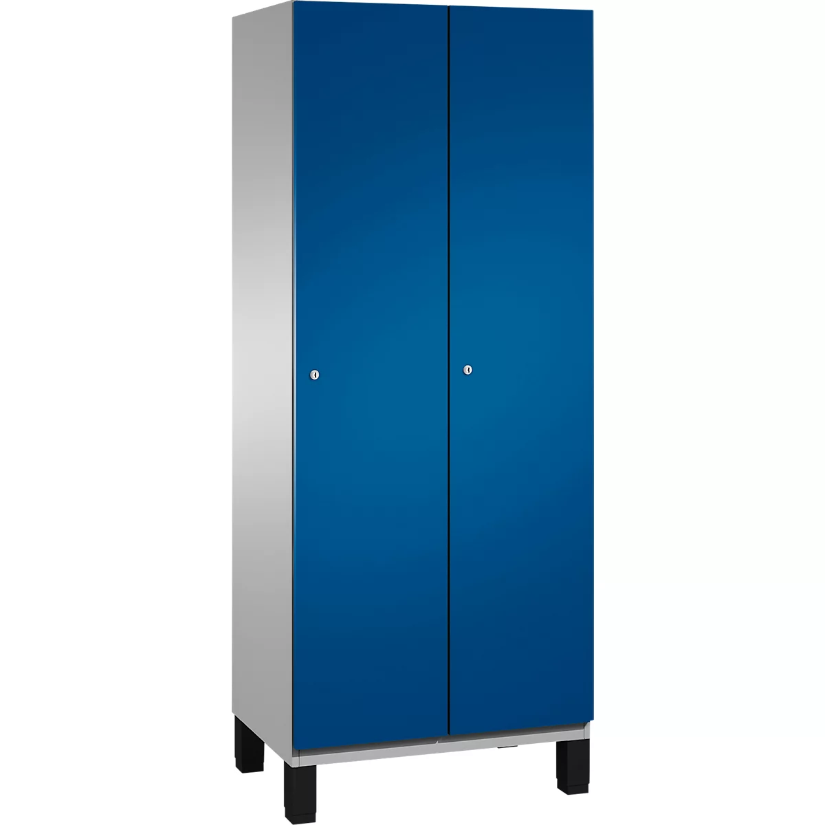 Blauwe kast met twee deuren, zilveren handgrepen en zwarte poten. Grijze zijpanelen.