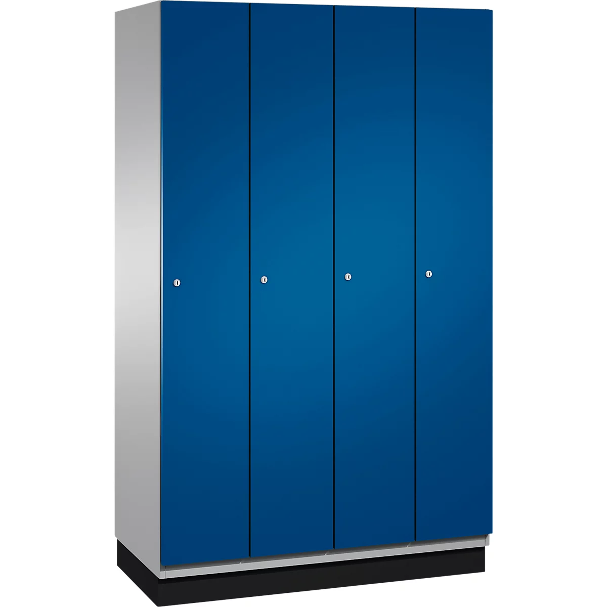 Kast met vier blauwe deuren, zilveren handgrepen en een grijze en zwarte basis.