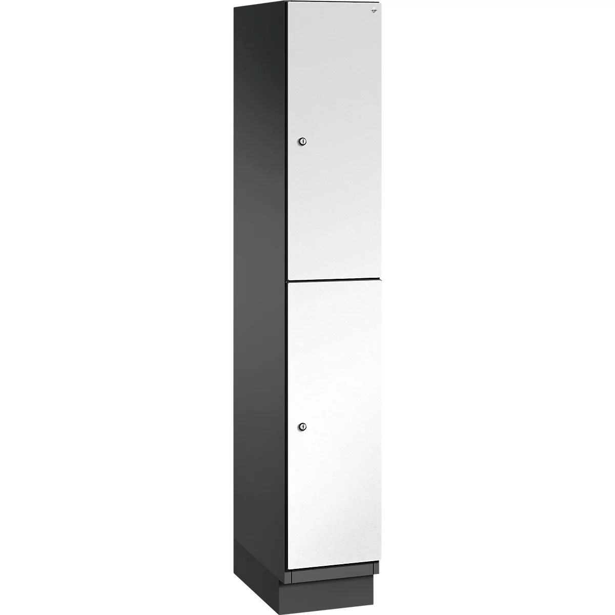 Een grijze kast met twee witte deuren. Ronde deurgrepen zijn zichtbaar.