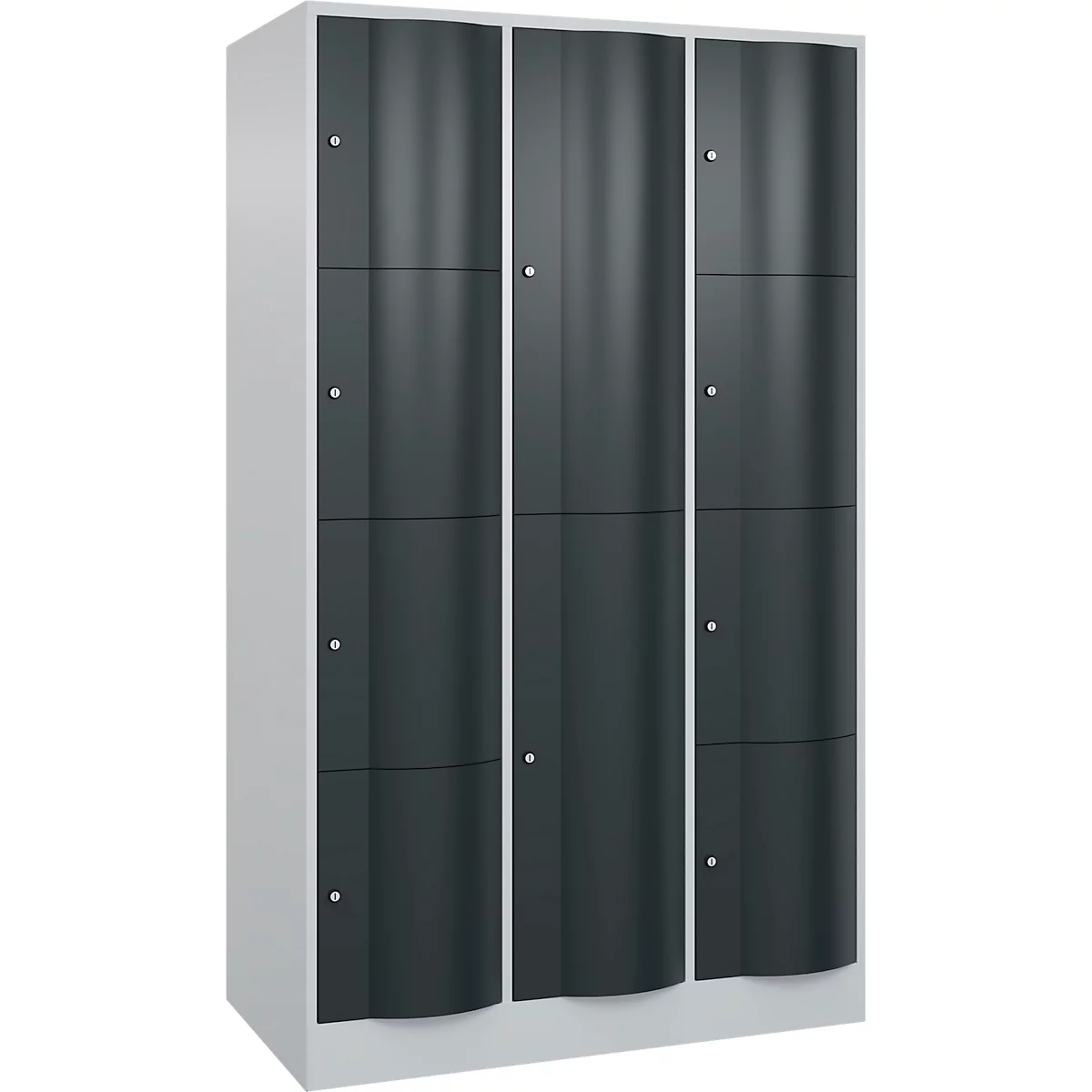 C+P Kombi-Schließfachschrank Resisto, 3 Abteile, 10 Fächer, B 1148 x T 640 x H 1950 mm, Lichtgrau/Anthrazitgrau