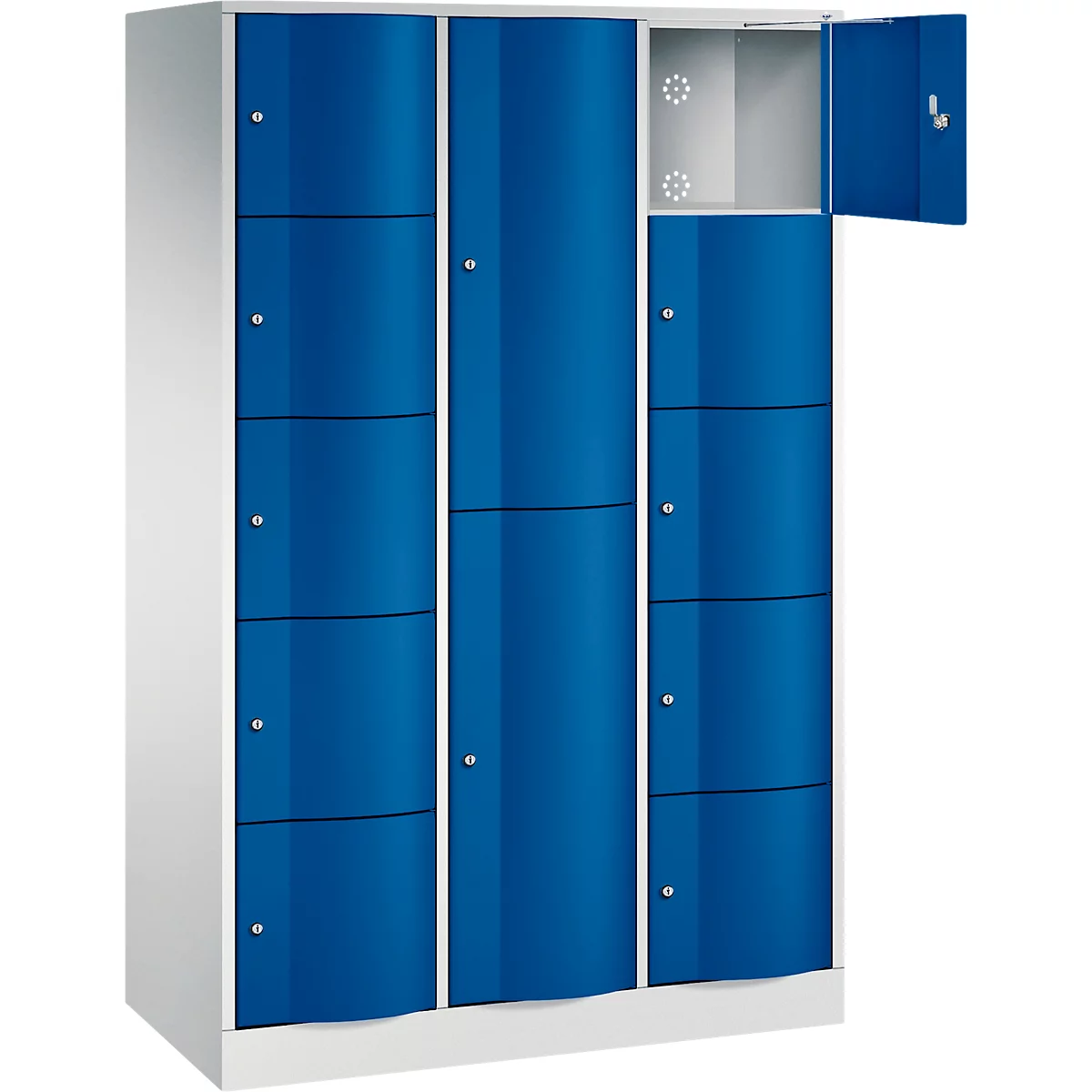 C+P Kombi-Schließfachschrank Resisto, 3 Abteile, 12 Fächer, B 1148 x T 540 x H 1950 mm, Lichtgrau/Lichtblau