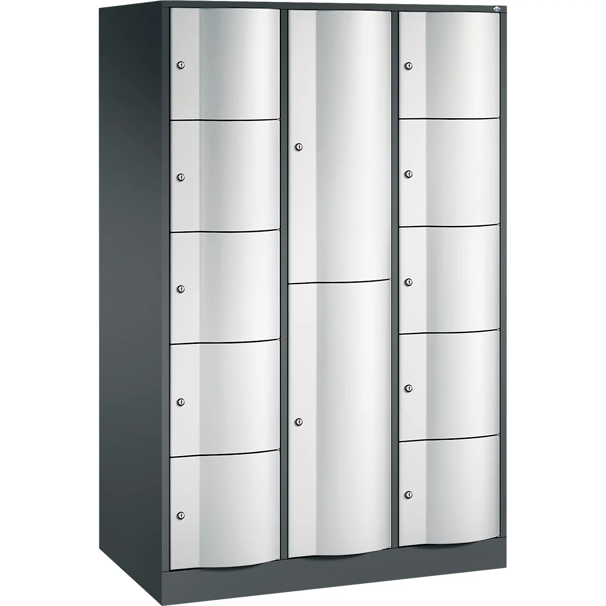 C+P Kombi-Schließfachschrank Resisto, 3 Abteile, 12 Fächer, B 1148 x T 640 x H 1950 mm, Anthrazitgrau/Lichtgrau