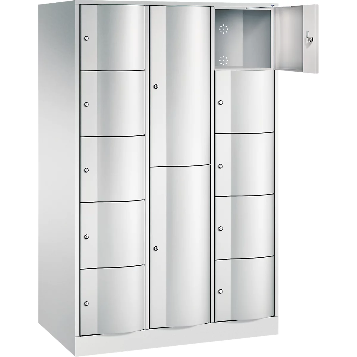 C+P Kombi-Schließfachschrank Resisto, 3 Abteile, 12 Fächer, B 1148 x T 640 x H 1950 mm, Lichtgrau
