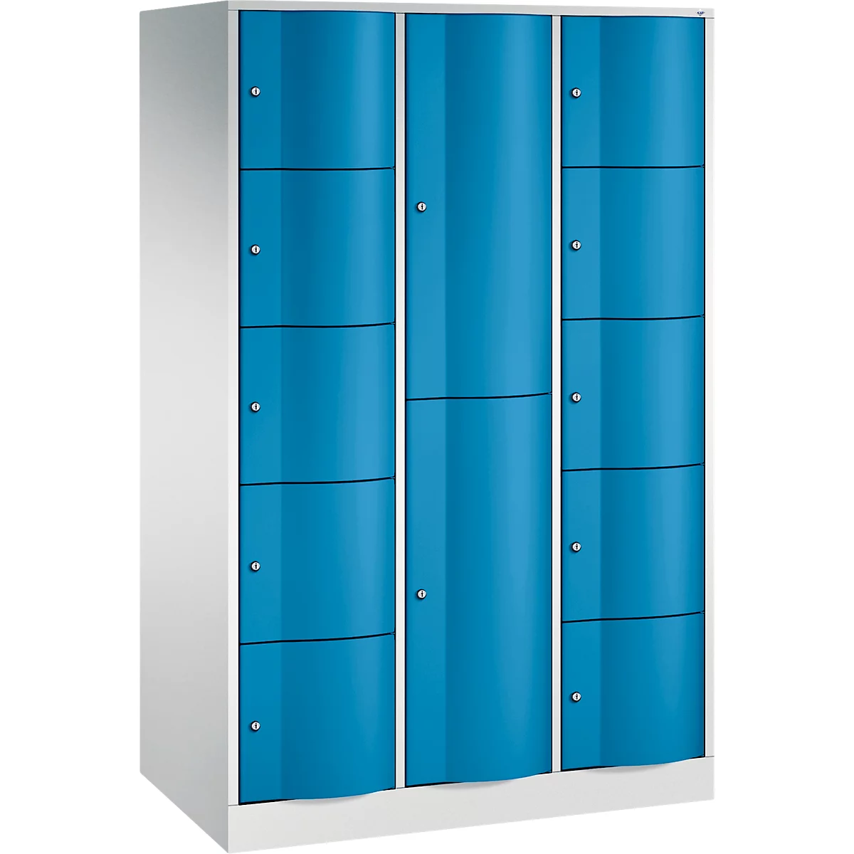C+P Kombi-Schließfachschrank Resisto, 3 Abteile, 12 Fächer, B 1148 x T 640 x H 1950 mm, Lichtgrau/Lichtblau
