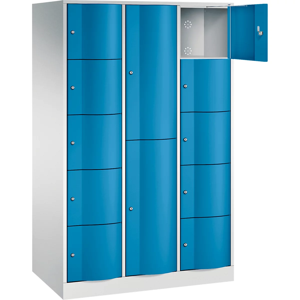 C+P Kombi-Schließfachschrank Resisto, 3 Abteile, 12 Fächer, B 1148 x T 640 x H 1950 mm, Lichtgrau/Lichtblau