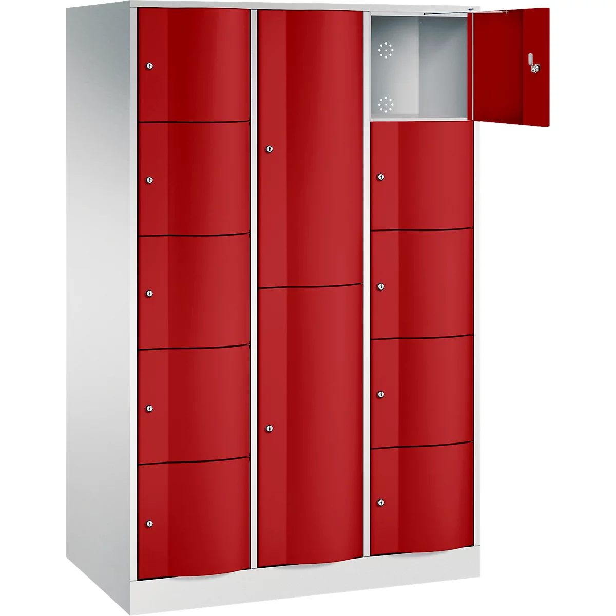 C+P Kombi-Schließfachschrank Resisto, 3 Abteile, 12 Fächer, B 1148 x T 640 x H 1950 mm, Lichtgrau/Rubinrot
