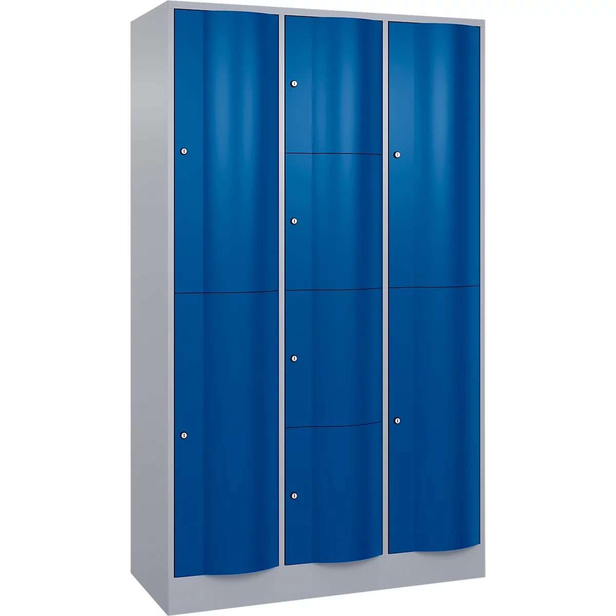 C+P Kombi-Schließfachschrank Resisto, 3 Abteile, 8 Fächer, B 1148 x T 540 x H 1950 mm, Weißalu/Enzianblau