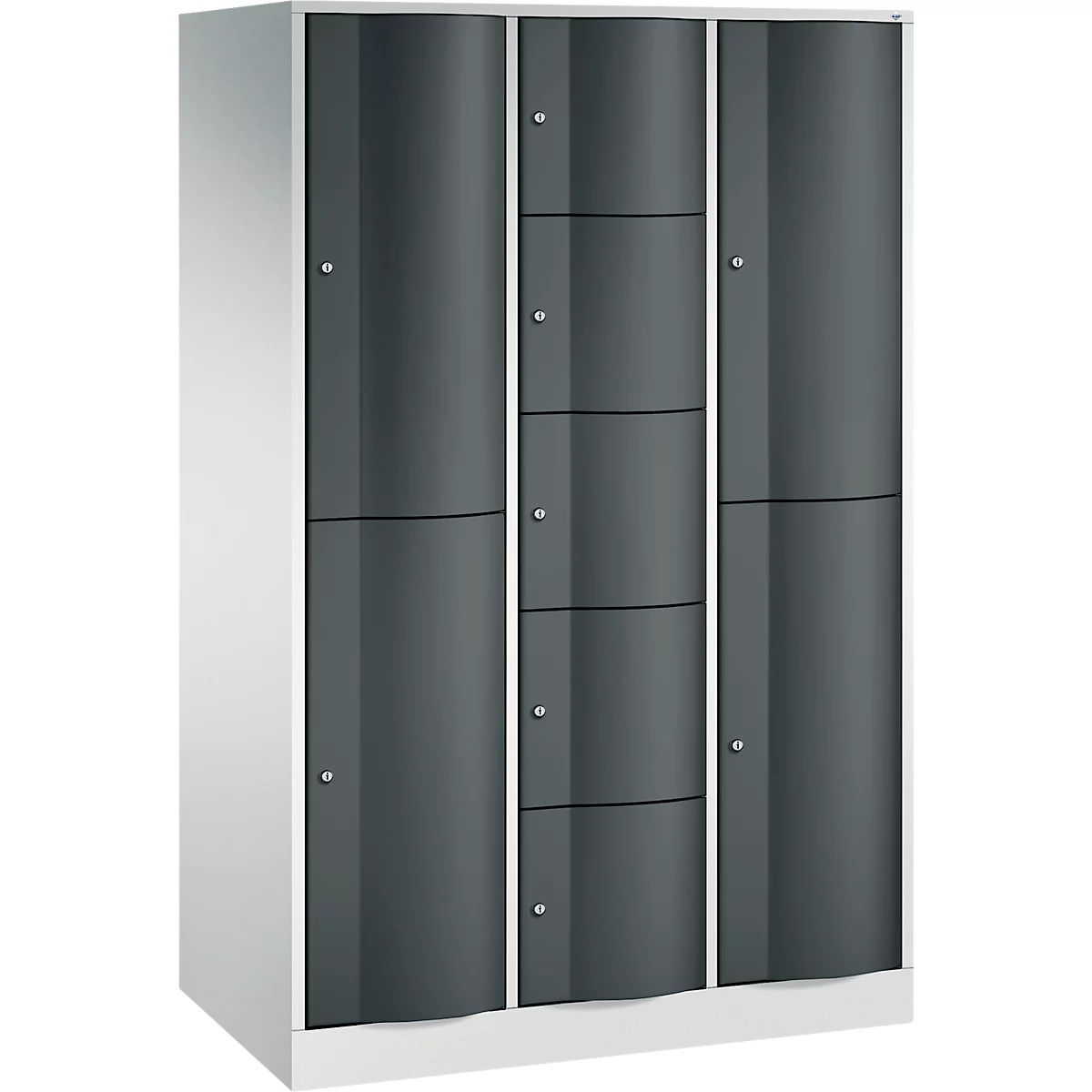 C+P Kombi-Schließfachschrank Resisto, 3 Abteile, 9 Fächer, B 1148 x T 640 x H 1950 mm, Lichtgrau/Anthrazitgrau