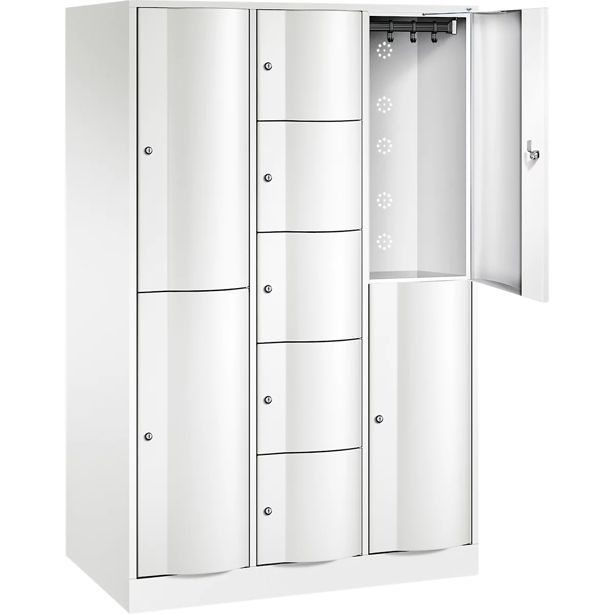 C+P Kombi-Schließfachschrank Resisto, 3 Abteile, 9 Fächer, B 1148 x T 640 x H 1950 mm, Verkehrsweiß