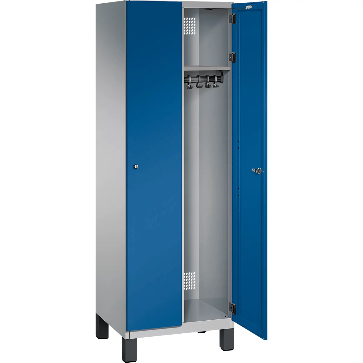 Blauw-grijze stalen kast, één deur open, kleerhaken binnenin.