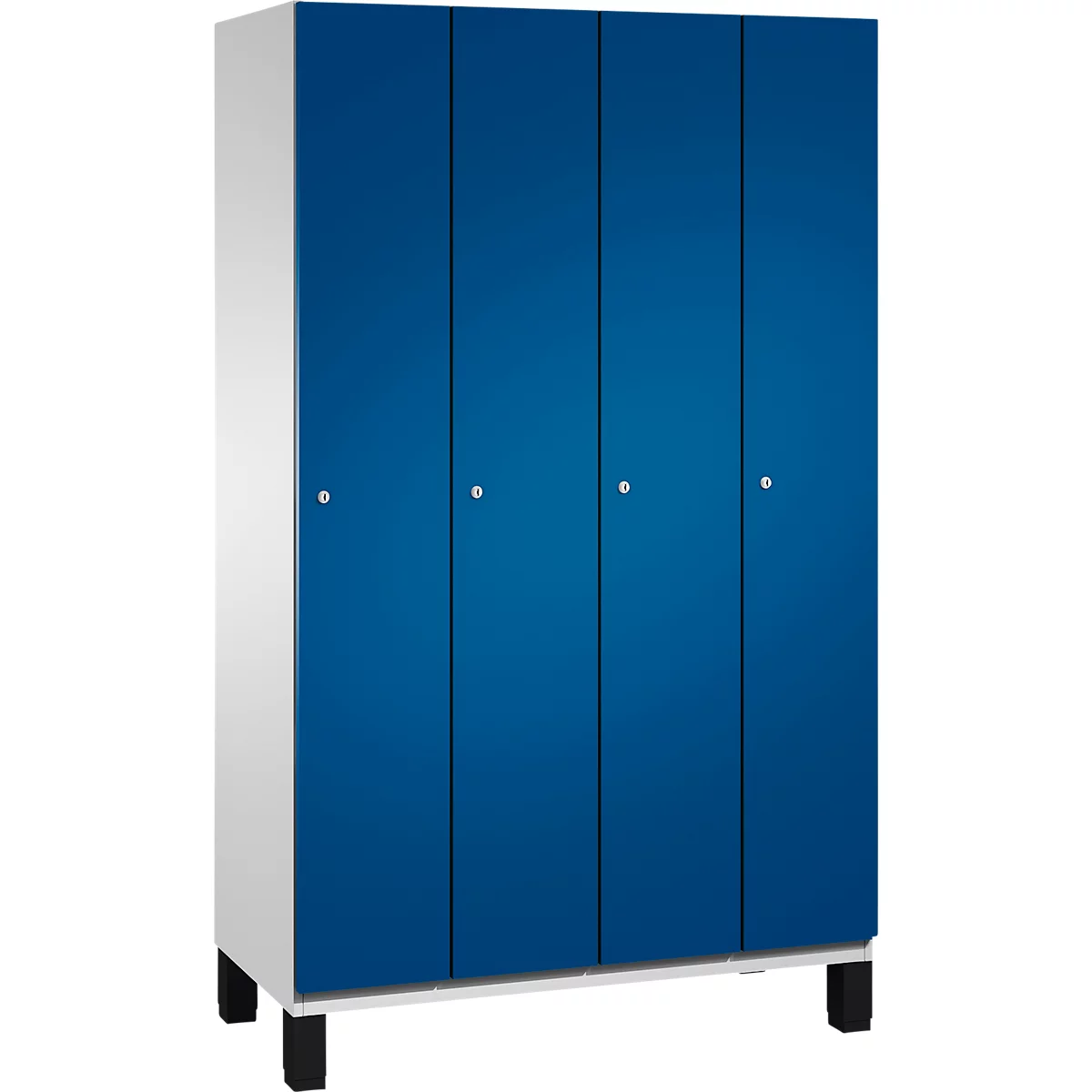 Kast met vier blauwe deuren, witte zijkanten en zwarte poten.