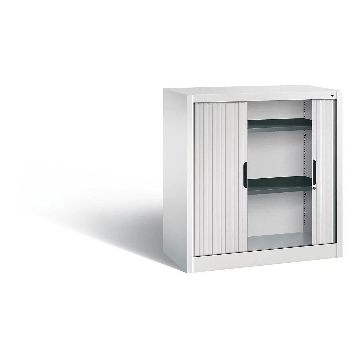 White cabinet with slat doors, open with two shelves. Black handles.