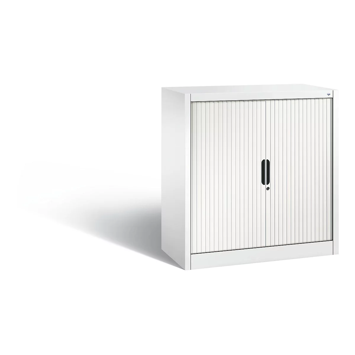 White cabinet with slatted doors and black handle, isolated against a white background.