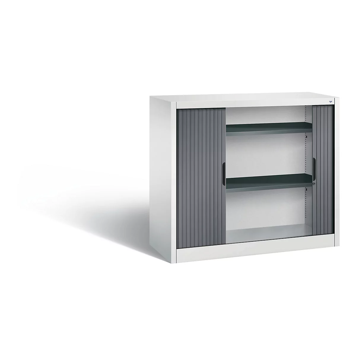 White cabinet with gray tambour doors, two shelves.