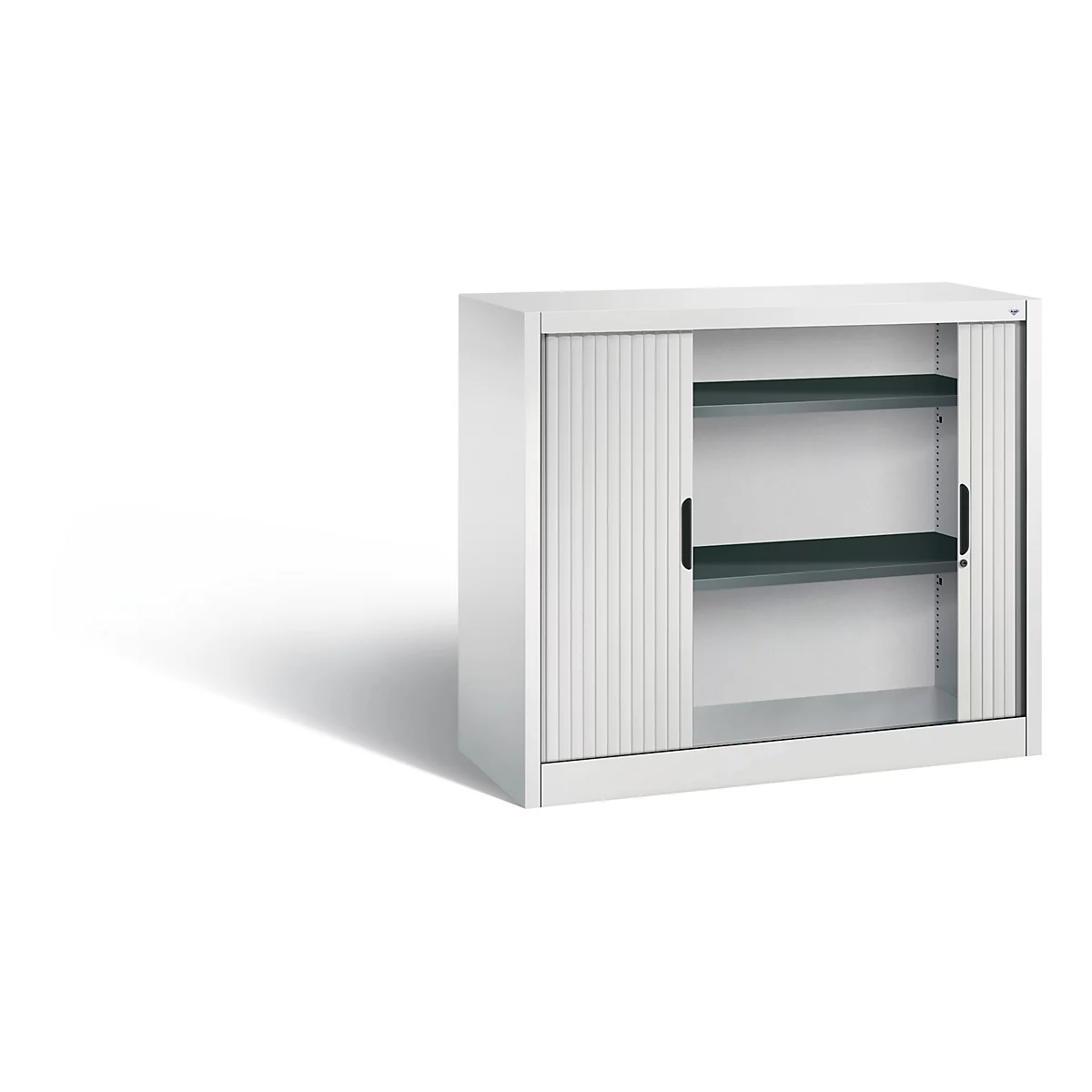 White filing cabinet with roller shutters, two shelves and dark handles.