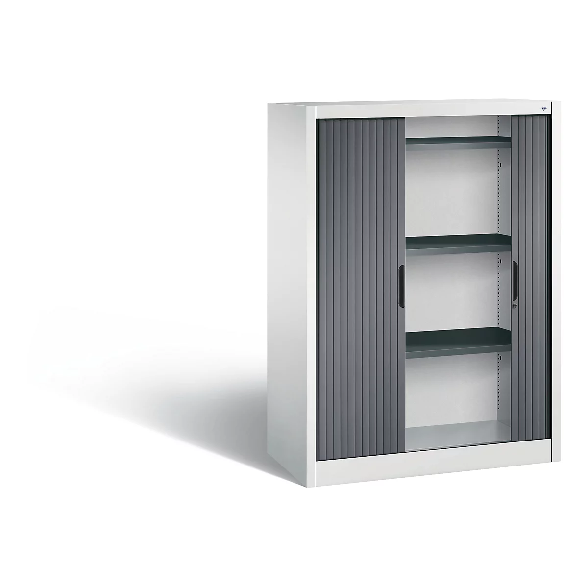 White filing cabinet with grey roller shutters, open with 3 shelves. Shadow on white background.