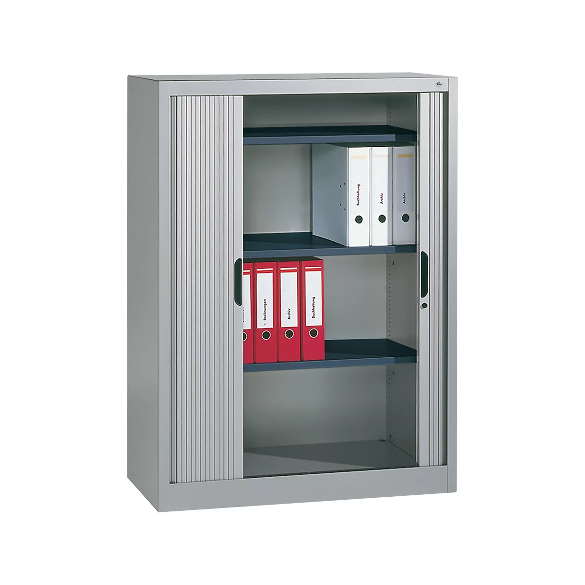 Gray filing cabinet with roller shutter. Inside are folders in red and white on shelves.
