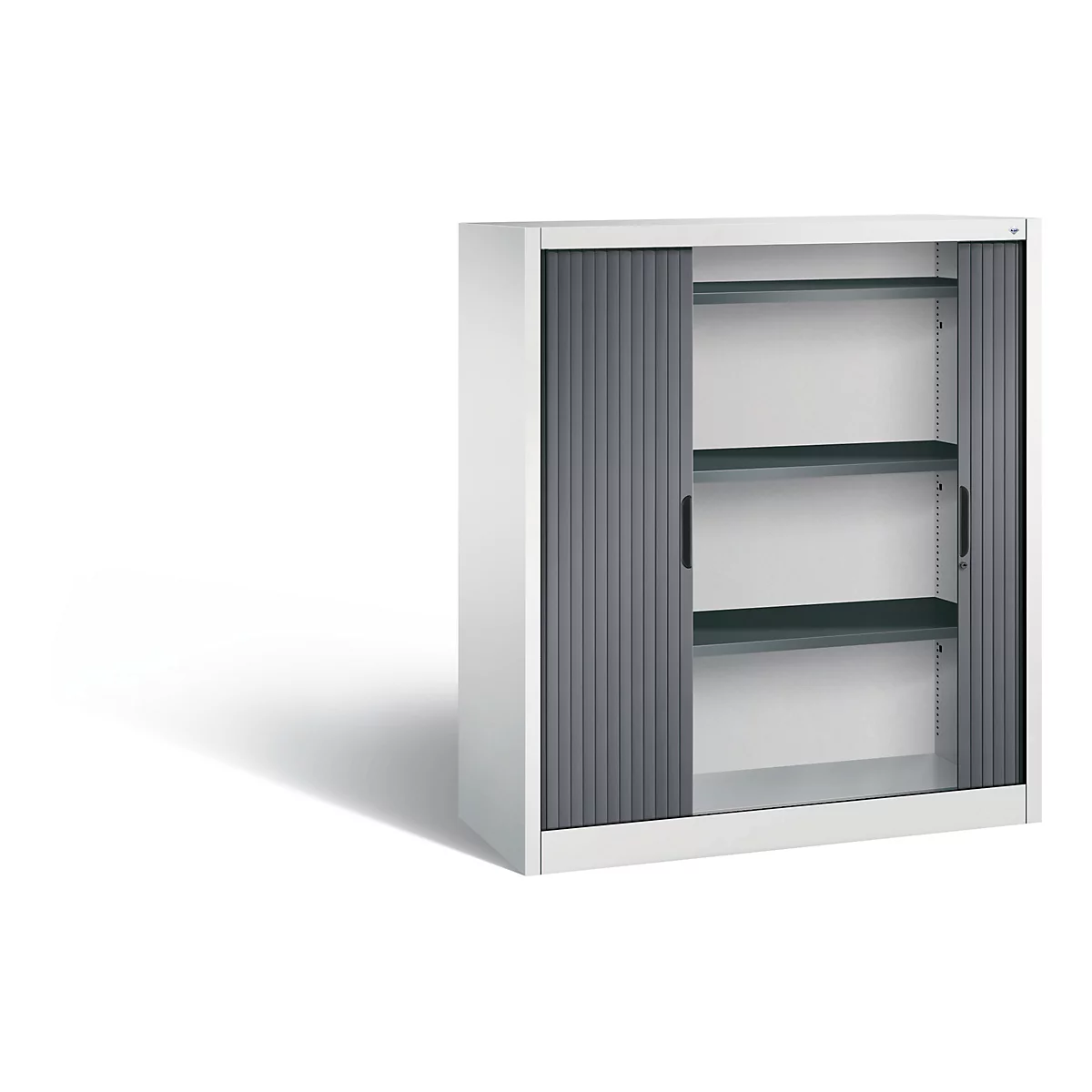 White cabinet with sliding doors, gray slats, three shelves.
