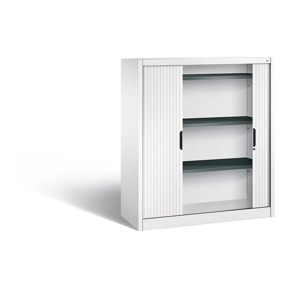White cabinet with roller shutter and three shelves. One door is open.