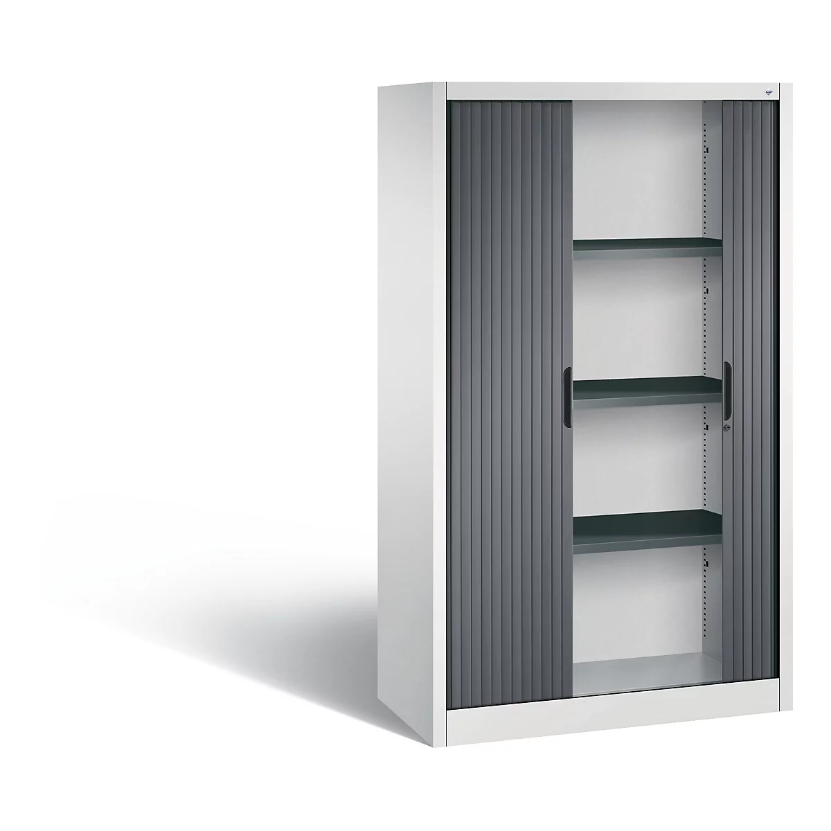 White cabinet with grey roller shutters and shelves. On a light background, shadow.