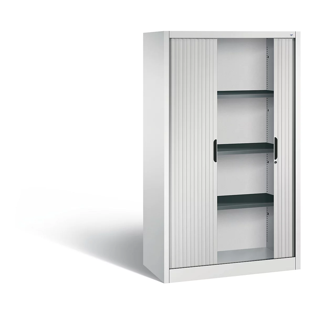 White office cabinet with sliding doors and three shelves. The door is open.