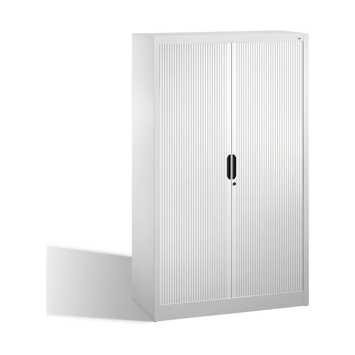 White cabinet with grooved doors and black handle.