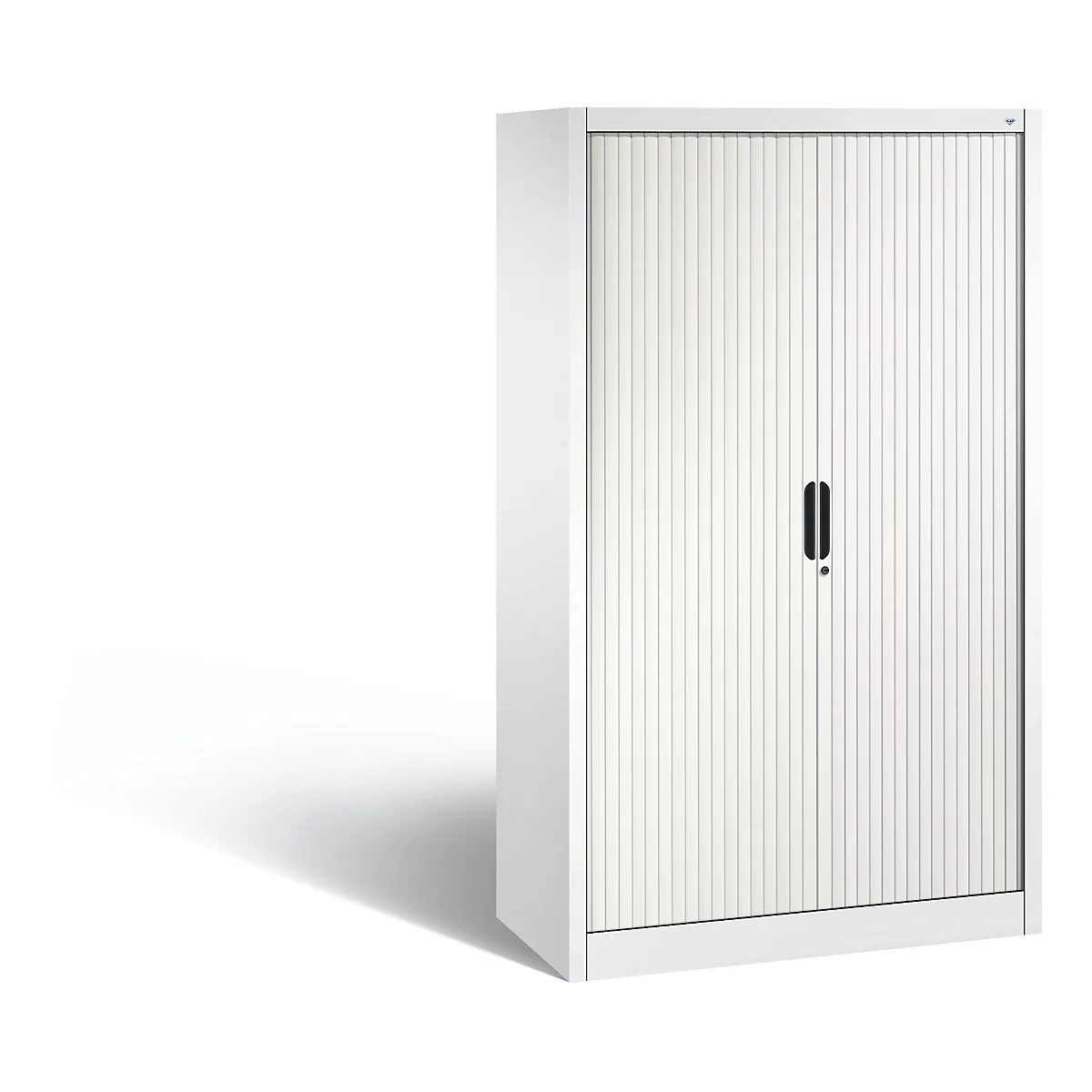 White file cabinet with ribbed doors, black handle, and lock. Light gray background.