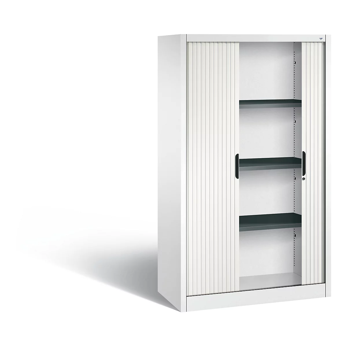White office cabinet with sliding doors and three shelves. The doors are partially open.