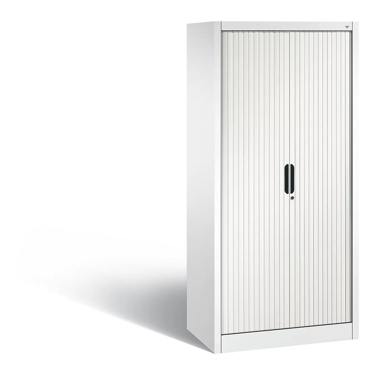 White office cabinet with roller shutter front and handle.